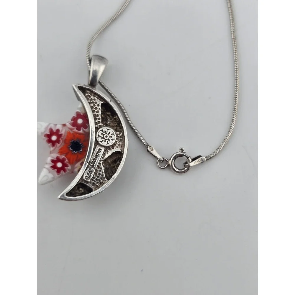 Vintage Venetian Millefiori Sterling Italy Star & Moon Pendant Necklace